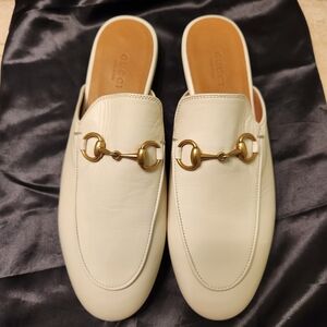 Gucci Women's Princetown Ivory White Horsebit Leather Mule, Gold Hardware, Sz 36